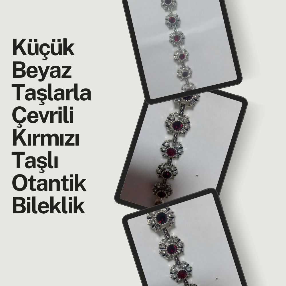 Küçük Beyaz Taşlarla Çevrili Kırmızı Taşlı Otantik Bileklik
