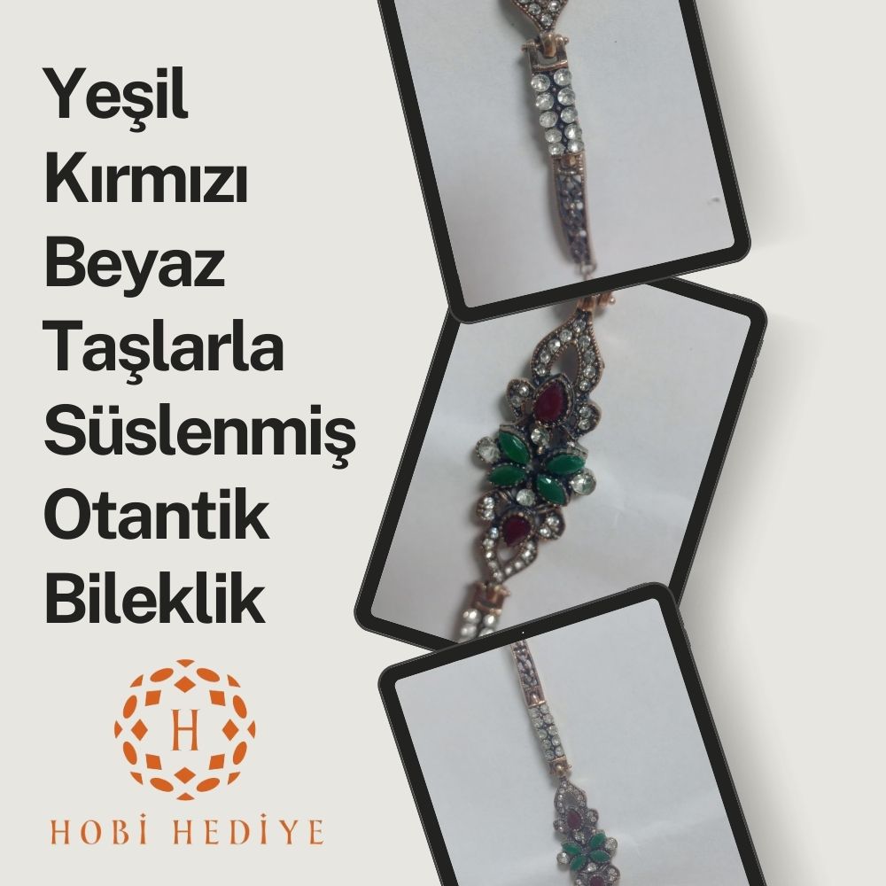 Yeşil Kırmızı Beyaz Taşlarla Süslenmiş Otantik Bileklik
